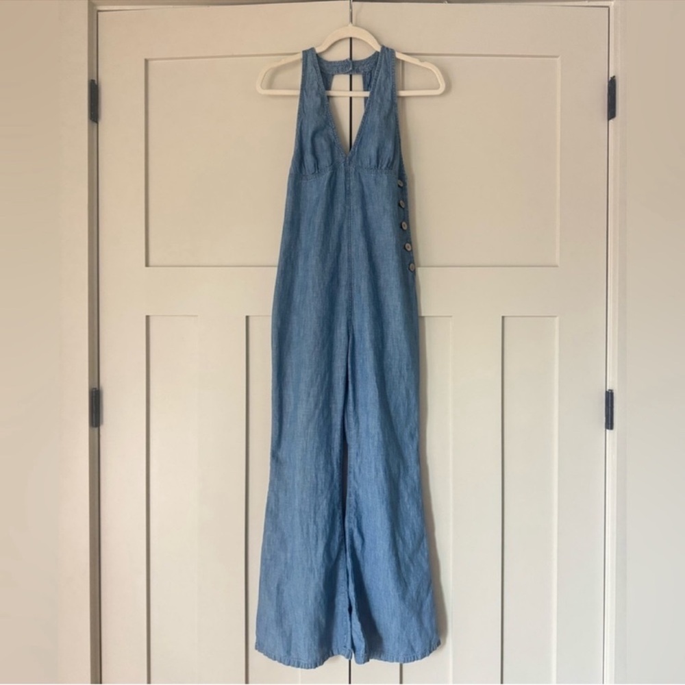 FREE PEOPLE DANCE ALL NIGHT CUT OUT BACKLESS DENIM JUMPSUIT size 0 - Picture 2 of 9